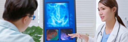 Female doctor explaining a colonoscopy to a patient with a colon model in a PC screen